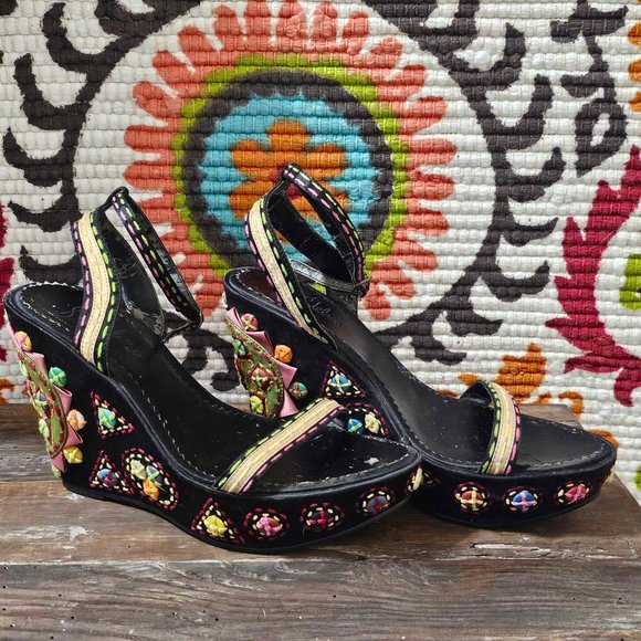 Sam Edelman Shoes - Platform Wedges, Sandals. Multi-Color Embroidery & Buttons. Sam Edelman. Size 7